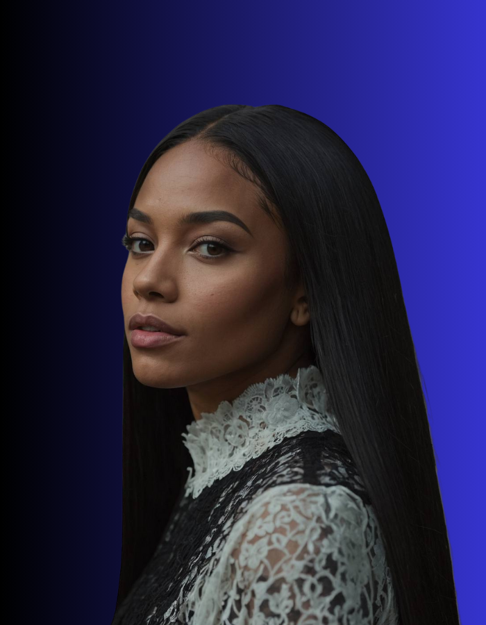 Woman with long straight hair wearing a lace top against a blue background