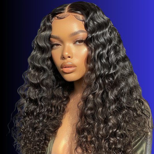 A woman wearing a frontal wig with deep wave curls.