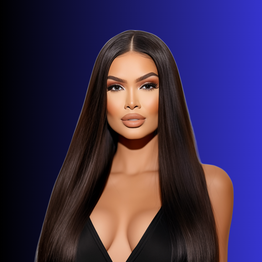 A woman wearing a straight lace frontal wig with long hair, in a black top, against a blue background.