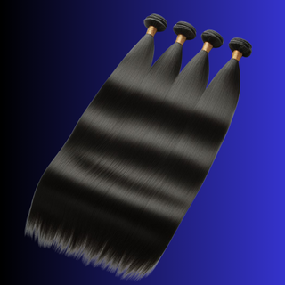 Three bundles of Brazilian silky straight hair extensions laid out on a blue background.