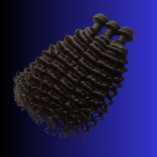 A set of Brazilian deep wave hair bundles displayed against a blue background.