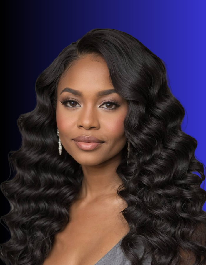 Woman with long, wavy black hair against a blue background