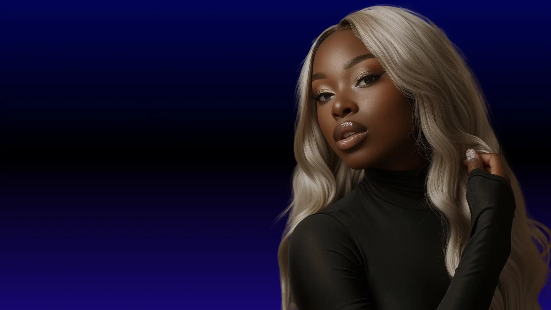 Woman with blonde hair wearing a black outfit against a blue background