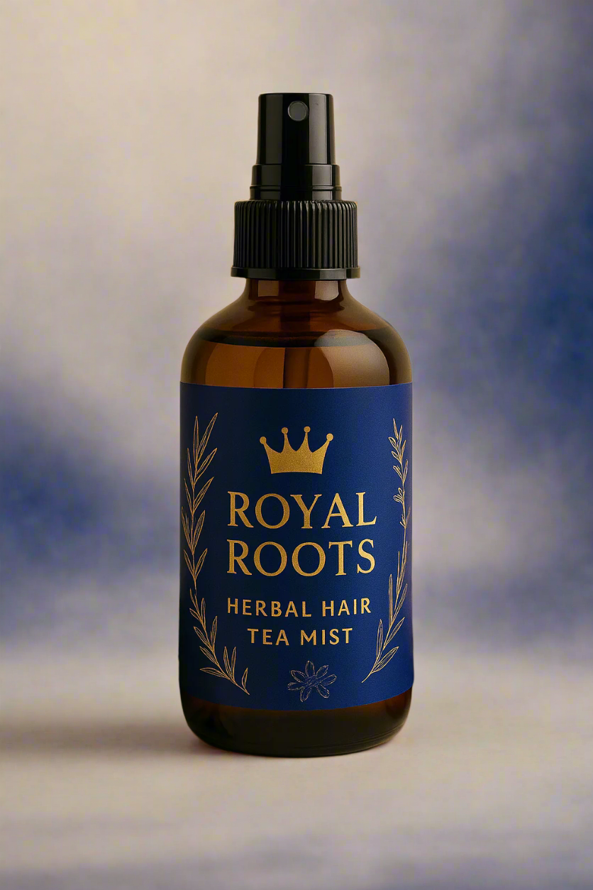 Royal Roots Herbal Hair Tea Mist – natural hydrating spray with rosemary, chamomile, lavender